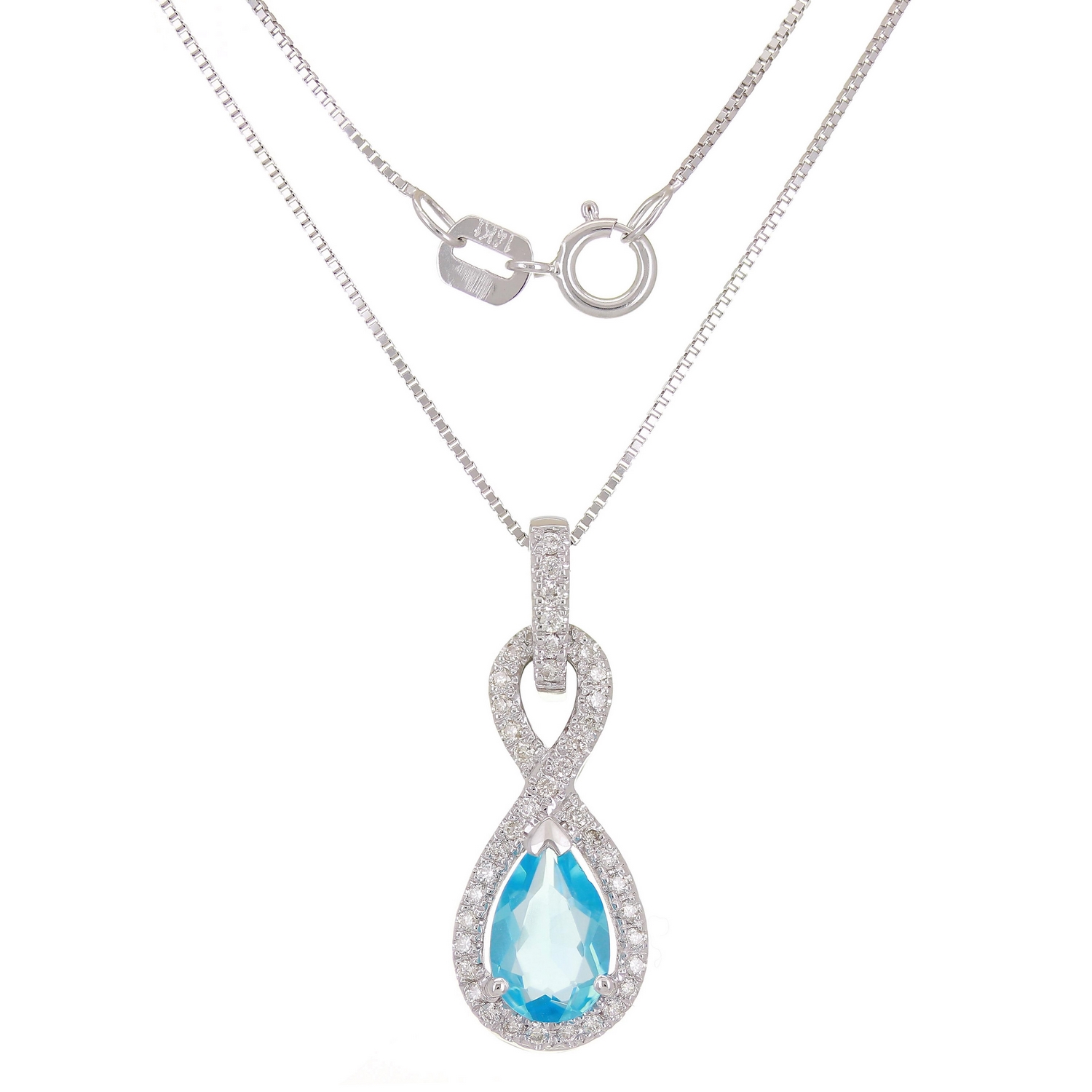 14k White Gold 0.15ctw Blue Topaz & Diamond Infinity Drop Pendant