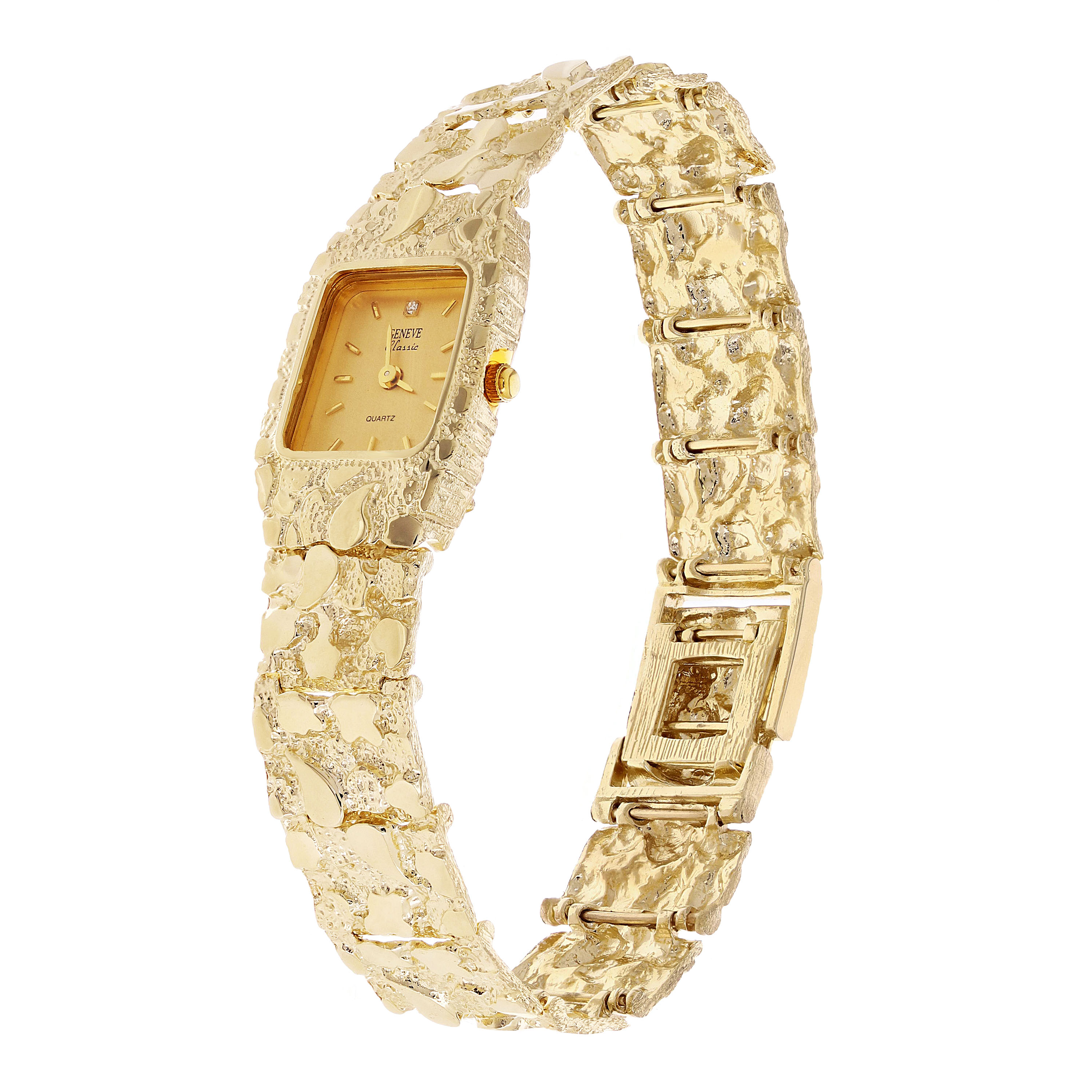 14k Yellow Gold Nugget Link Wrist Watch Bracelet Geneve Diamond Watch 7 ...